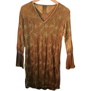 Boho Embroidered Silk Indian Olive Green V-Neck Kurti Tunic Top